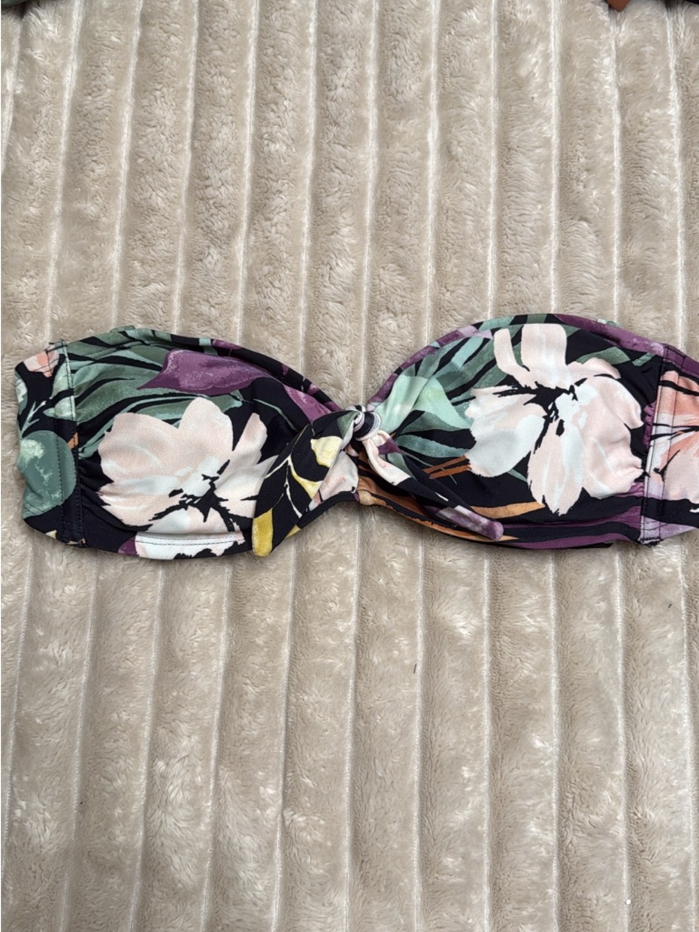 Small Floral Bandeau Bikini Top - Black Base with Pastel Flowers